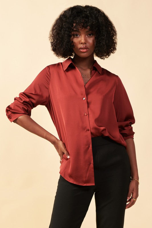 She's the Moment Satin Blouse - Rust